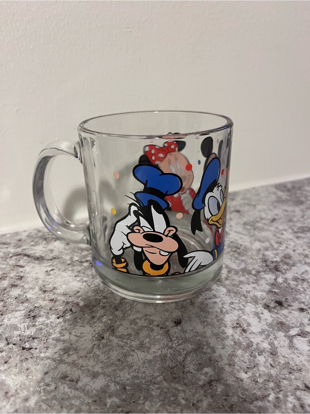 Disney Vintage Anchor Hocking Mickey Minnie Donald Goofy Glass Mug